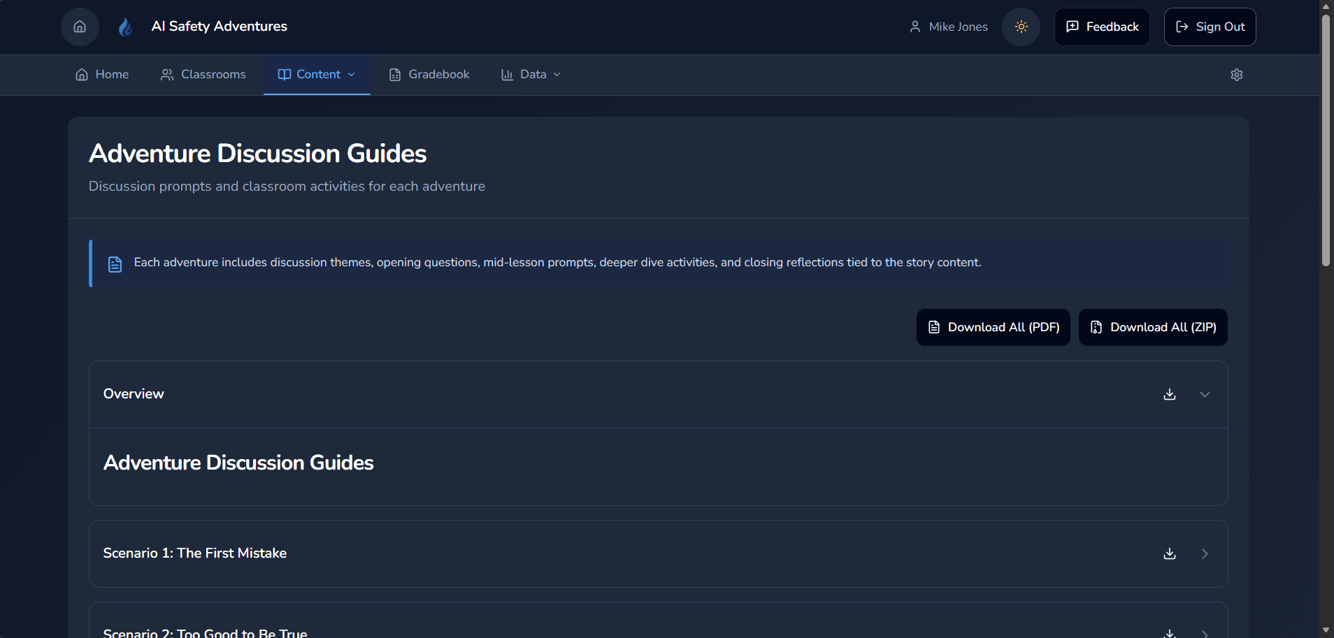 Teacher dashboard showing Adventure Discussion Guides with downloadable lesson materials